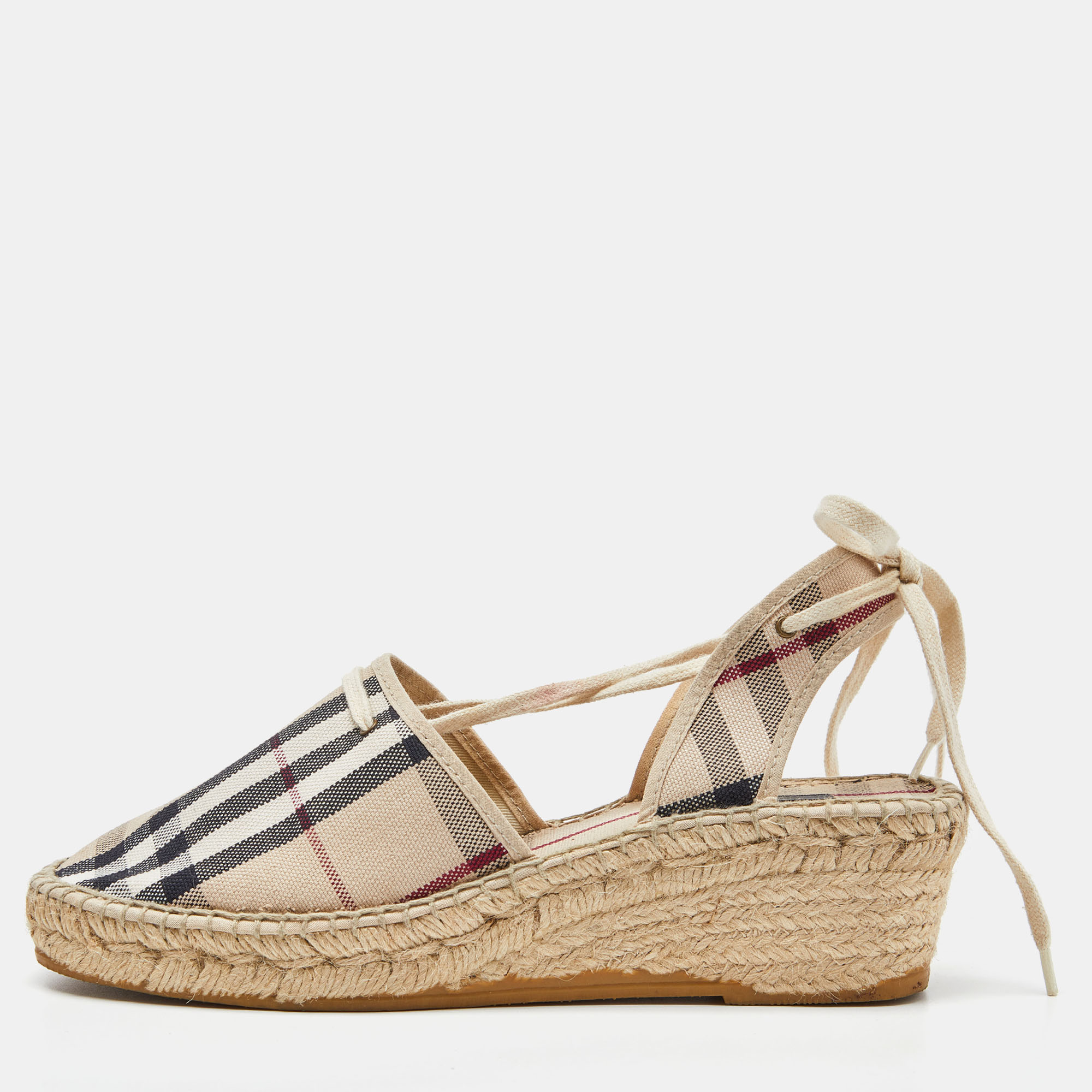 Burberry Beige Nova Check Canvas Strappy Espadrille Wedge Sandals Size 40, Sandals - Luxury Closet
