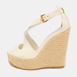 Burberry Cream Patent Peep Toe Wedge Espadrilles Sandals Size 36.5, Sandals - Luxury Closet