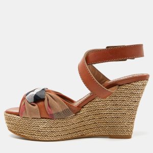 Burberry Brown Leather and Nova Check Canvas Buckle Detail Wedge Sandals Size 38, Sandals - Luxury Closet