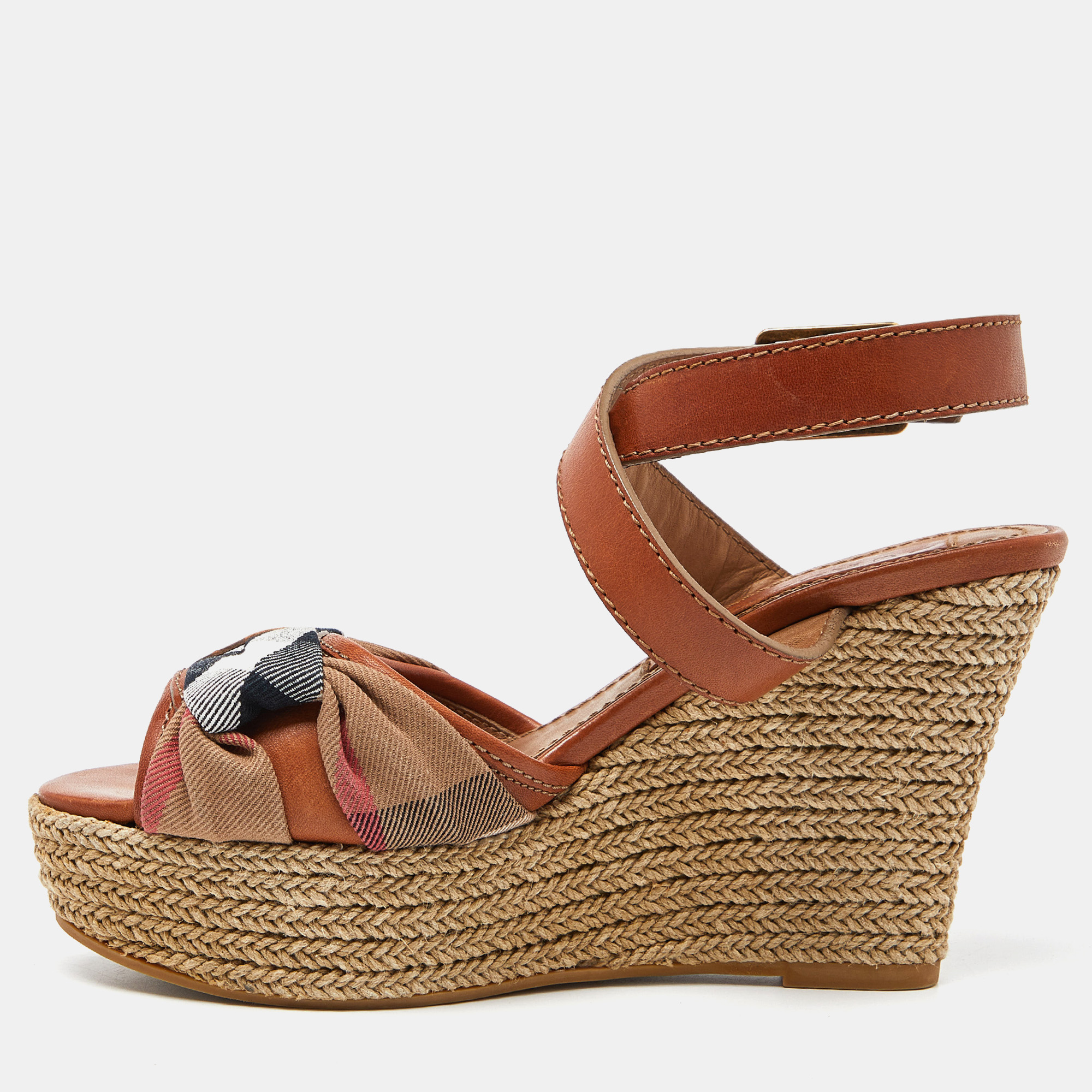 Burberry Brown Leather and Nova Check Canvas Buckle Detail Wedge Sandals Size 38, Sandals - Luxury Closet