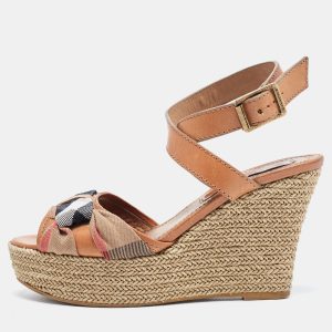 Burberry Brown Leather and Canvas Wedge Espadrilles Ankle Wrap Sandals Size 39.5, Sandals - Luxury Closet