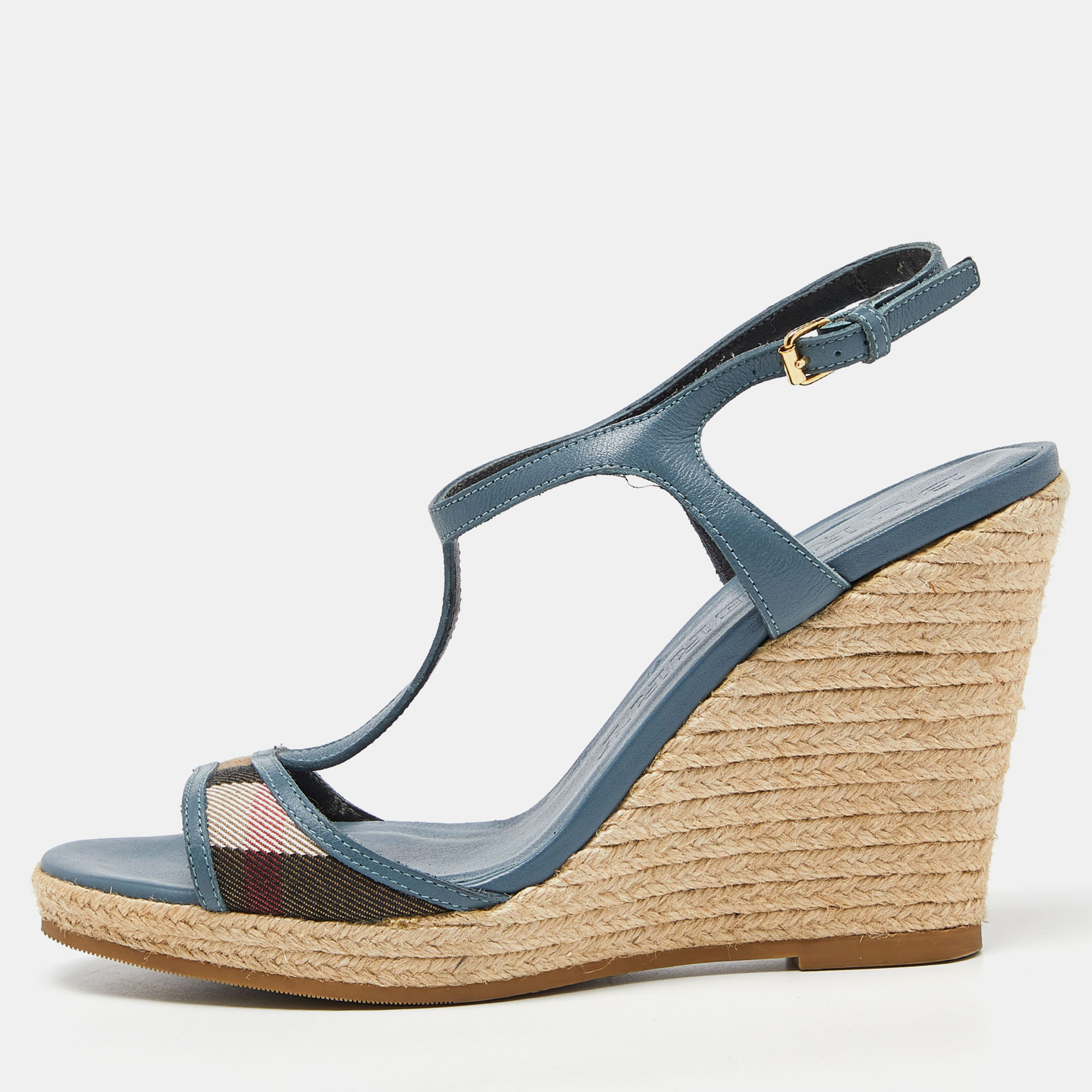Burberry Blue/Brown Leather and House Check Canvas Espadrille Wedge Ankle Strap Sandals Size 38, Sandals - Luxury Closet