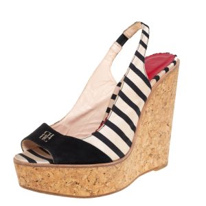 CH Carolina Herrera Black/White Fabric And Suede Cork Wedge Platform Peep Toe Slingback Sandals Size 38, Sandals - Luxury Closet