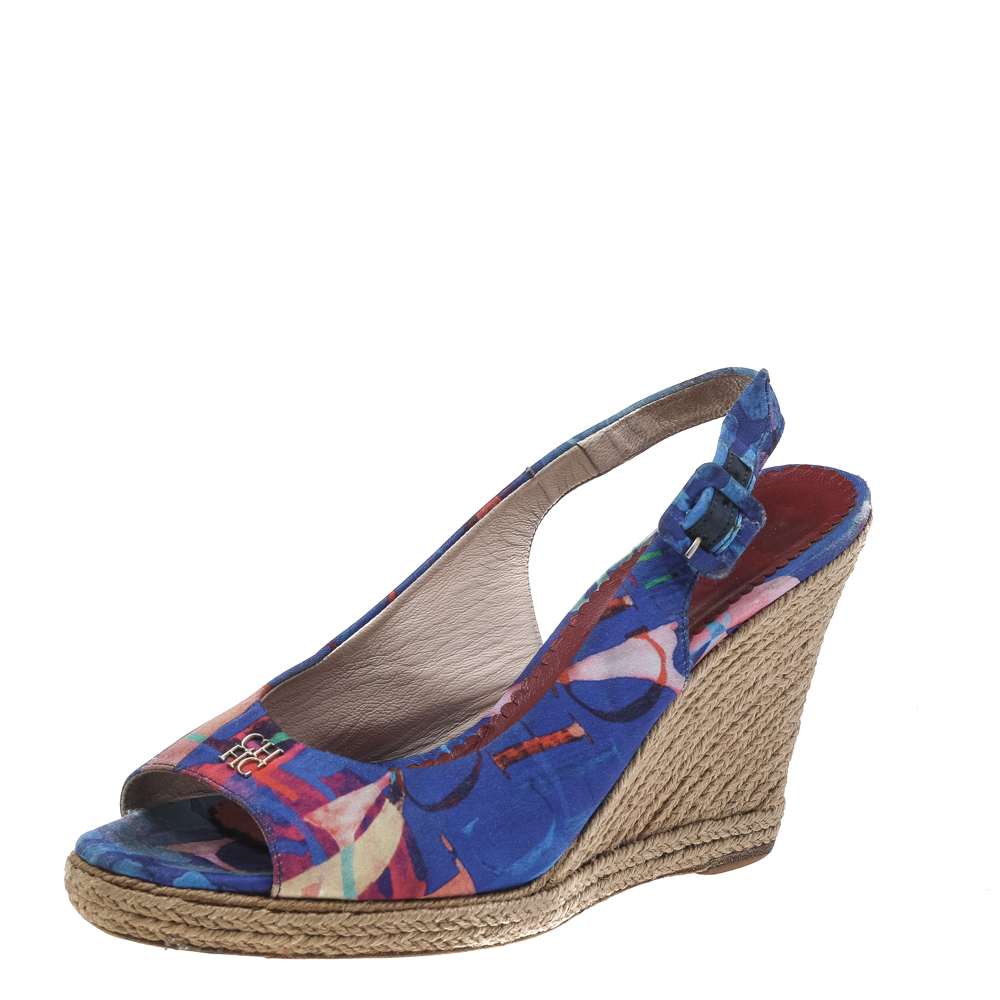 CH Carolina Herrera Blue Printed Fabric Cork Wedge Peep Toe Slingback Sandals Size 39, Sandals - Luxury Closet