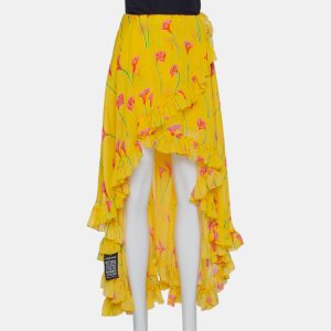 Caroline Constas Yellow Printed Silk Ruffled Asymmetric Hem Adelle Midi Skirt M, Skirts - Luxury Closet