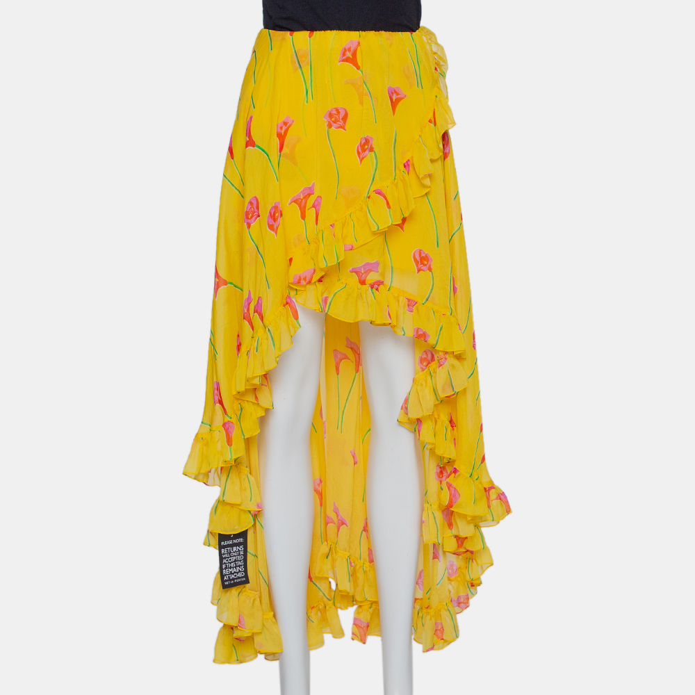 Caroline Constas Yellow Printed Silk Ruffled Asymmetric Hem Adelle Midi Skirt M, Skirts - Luxury Closet