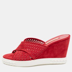 Casadei Red Suede Perforated Wedge Sandals Size 39, Sandals - Luxury Closet