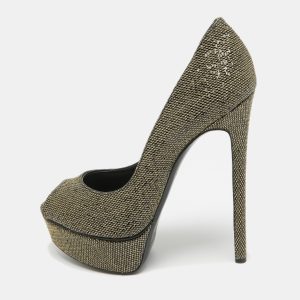 Casadei Gold/Black Glitter & Lame Fabric Daisy Peep Toe Pumps Size 38.5, Pumps - Luxury Closet