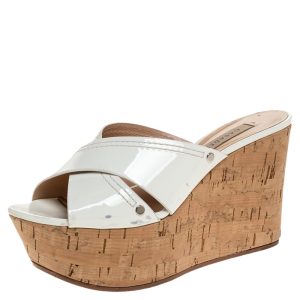 Casadei White Criss Cross Patent Leather Cork Wedge Sandals Size 35, Sandals - Luxury Closet