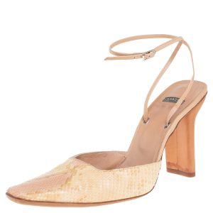 Casadei Beige Snakeskin Square Toe Ankle Wrap Sandals Size 38.5, Sandals - Luxury Closet
