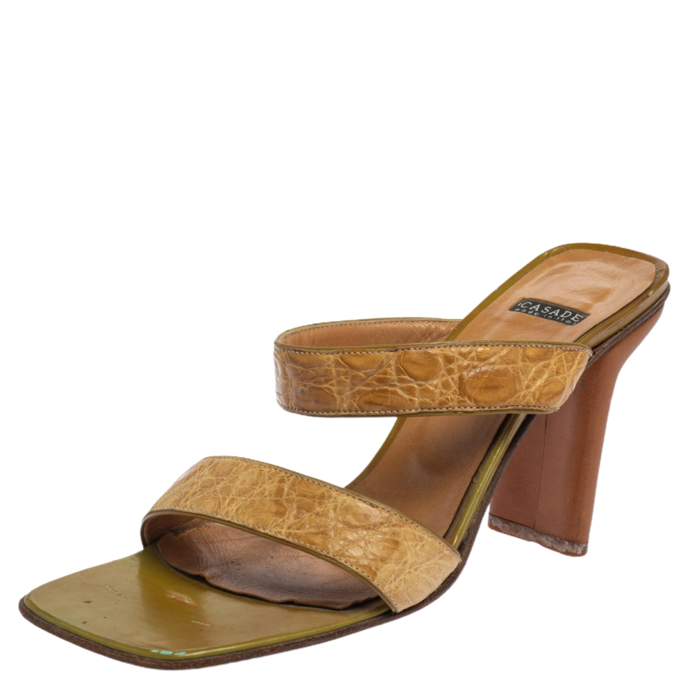 Casadei Beige Croc Embossed Leather Square Toe Slide Sandals Size 37, Sandals - Luxury Closet