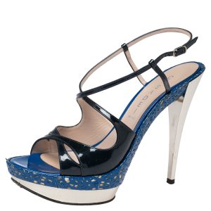 Casadei Navy Blue Patent Leather Laser-Cut Platform Strappy Sandals Size 41, Sandals - Luxury Closet