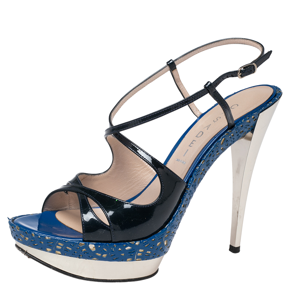 Casadei Navy Blue Patent Leather Laser-Cut Platform Strappy Sandals Size 41, Sandals - Luxury Closet