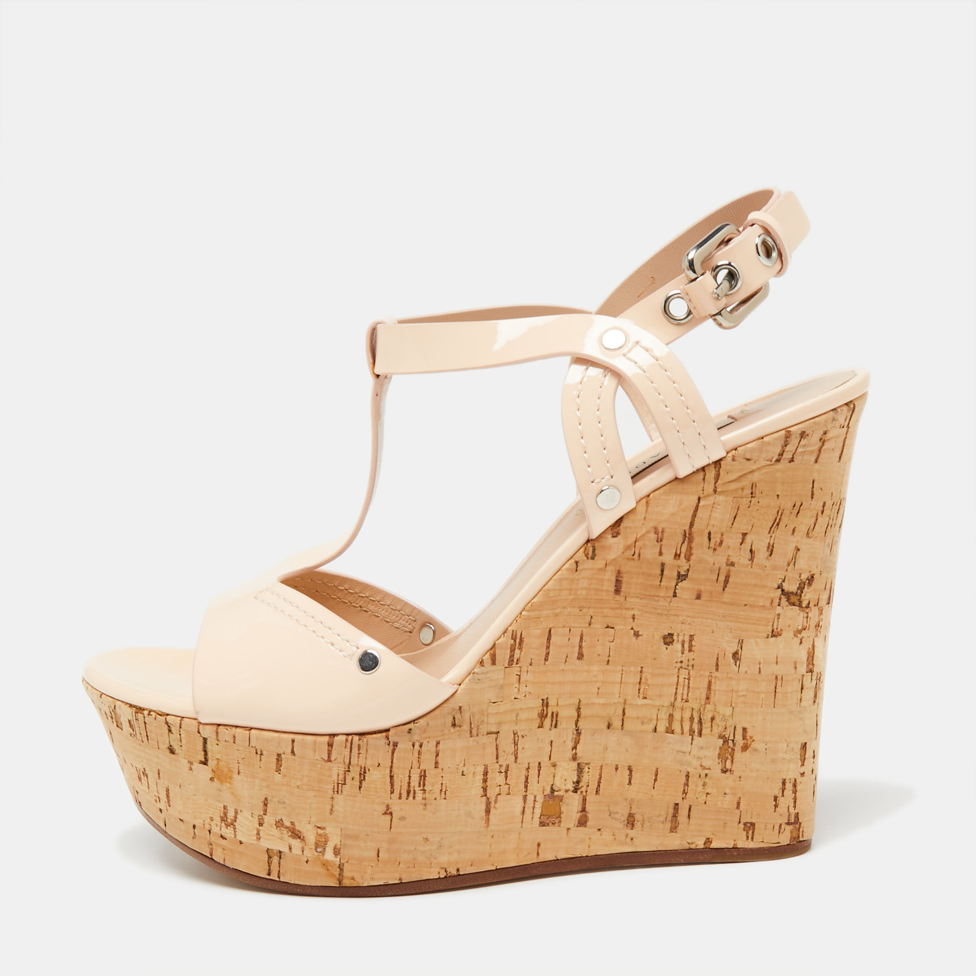 Casadei Pale Pink Patent Leather Cork Wedge T Strap Sandals Size 41, Sandals - Luxury Closet catalog