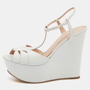 Casadei White Leather Wedge Platform T-Strap Sandals Size 38, Sandals - Luxury Closet