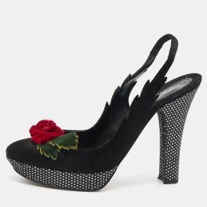 Casadei Black Suede Rose Platform Slingback Sandals Size 38, Sandals - Luxury Closet