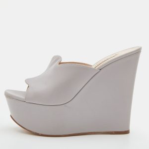 Casadei Grey Leather Platform Wedge Slide Sandals Size 38.5, Sandals - Luxury Closet