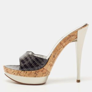 Casadei Black Croc Embossed Patent Leather Cork Platform Sandals Size 39, Sandals - Luxury Closet