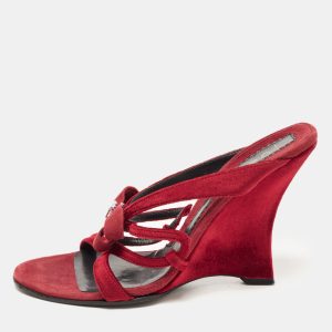 Casadei Red Velvet Bow Embellished Wedge Strappy Sandals Size 38, Sandals - Luxury Closet