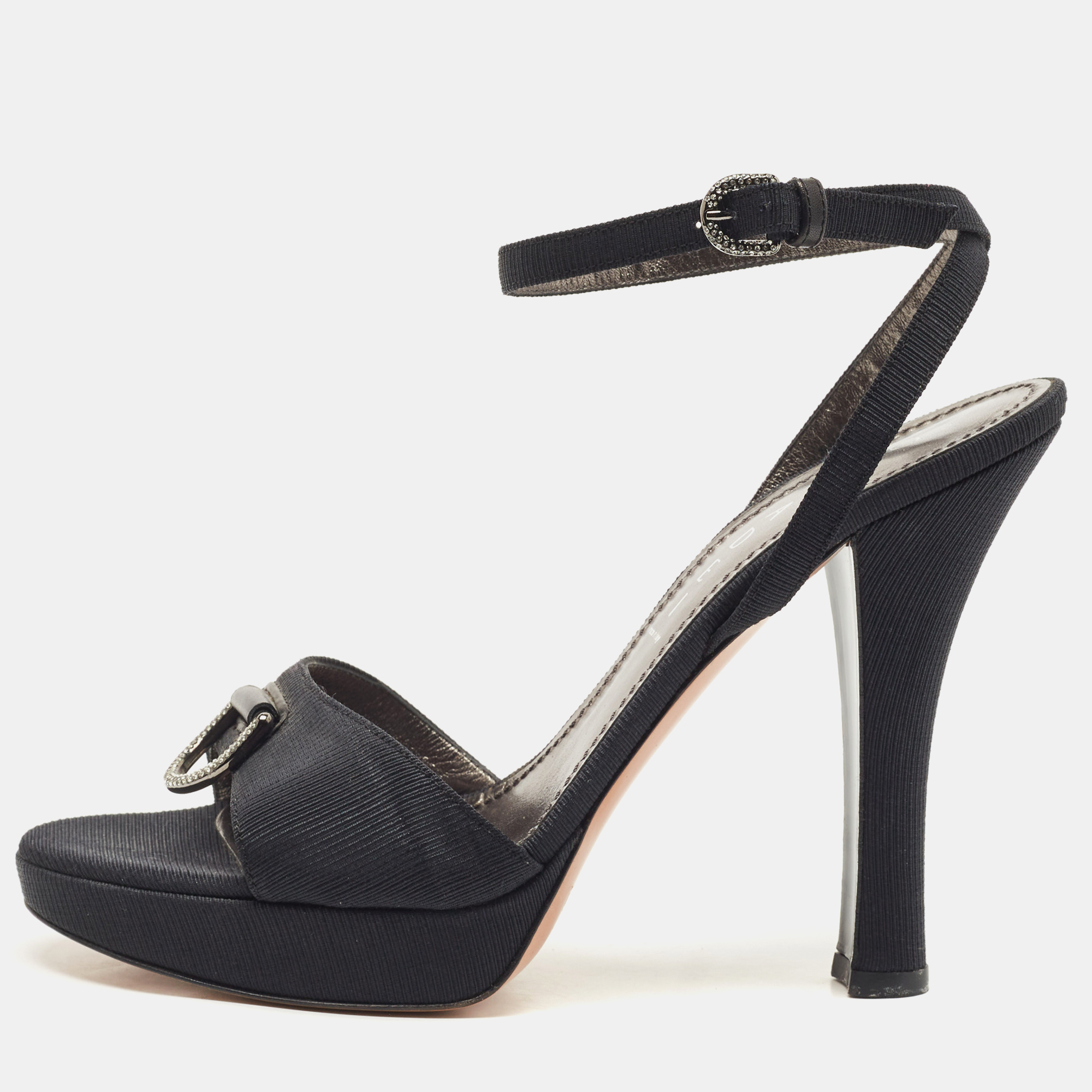 Casadei Black Grosgrain Fabric Crystal Embellished Platform Ankle Strap Sandals Size 36, Sandals - Luxury Closet