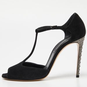 Casadei Black Suede Crystal Embellished Heel Ankle Wrap Sandals Size 38, Sandals - Luxury Closet