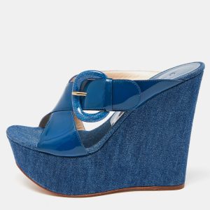 Casadei Blue Patent Leather Wedge Platform Slide Sandals Size 38, Sandals - Luxury Closet