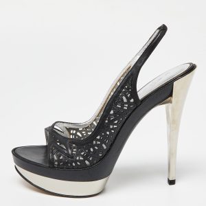 Casadei Black Laser Cut Leather Platform Slingback Sandals Size 37, Sandals - Luxury Closet