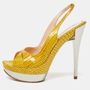 Casadei Yellow Croc Embossed Leather Cross Strap Platform Sandals Size 37, Sandals - Luxury Closet