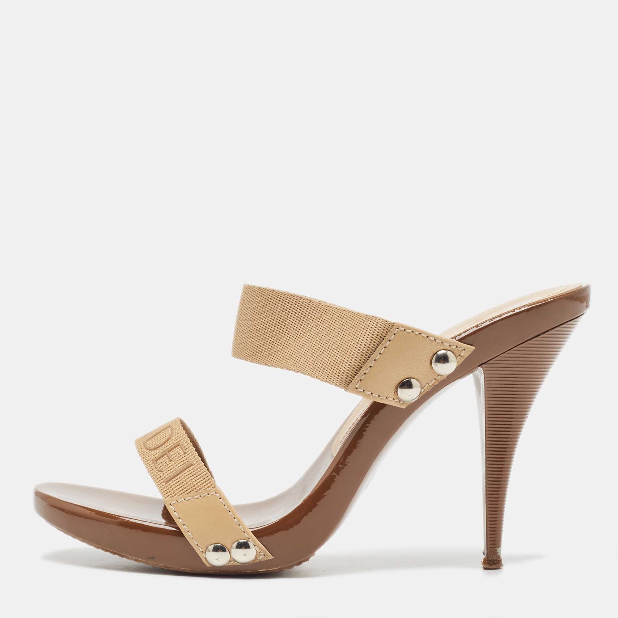 Casadei Beige/Brown Canvas Slide Sandals Size 38, Sandals - Luxury Closet