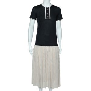 CH Carolina Herrera Black & Beige Cotton & Silk Plisse Detail Midi Dress XS, Dresses - Luxury Closet