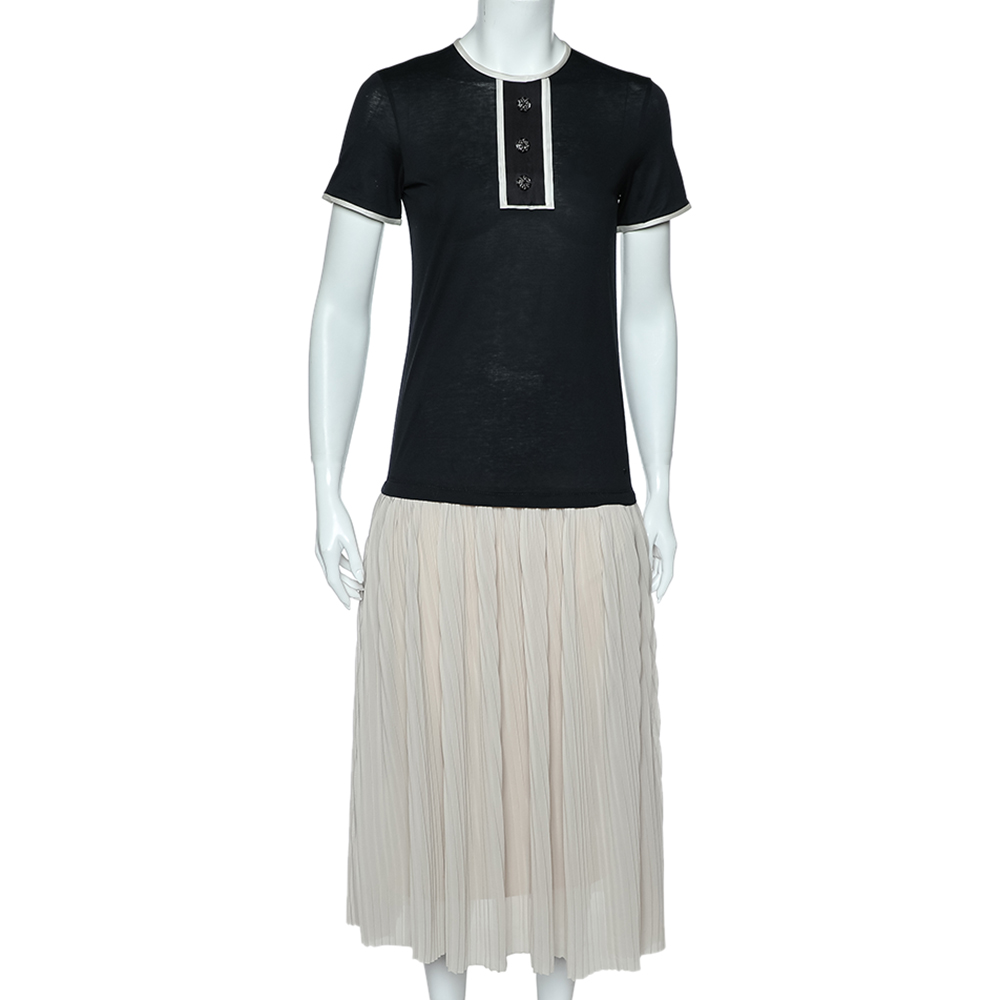 CH Carolina Herrera Black & Beige Cotton & Silk Plisse Detail Midi Dress XS, Dresses - Luxury Closet