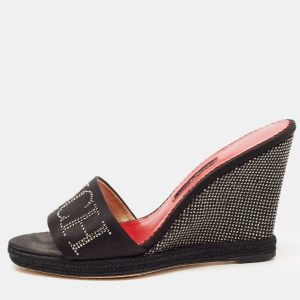 CH Carolina Herrera Black Satin Studded Wedge Sandals Size 38, Sandals - Luxury Closet