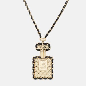 Chanel Gold Tone Leather Interlaced No.5 Perfume Bottle Pendant Necklace, Jewelry - Luxury Closet catalog