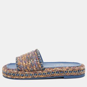 Chanel Multicolor Tweed and Leather Chain Detail Slides Sandals Size 38, Sandals - Luxury Closet