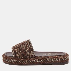 Chanel Burgundy Tweed and Leather Chain Detail Slide Sandals Size 38, Sandals - Luxury Closet