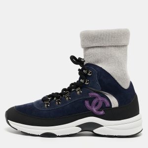 Chanel Navy Blue Suede and Leather Interlocking CC Logo Sock Sneakers Size 38, Athletic Shoes & Sneakers - Luxury Closet
