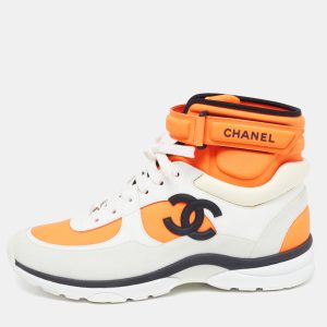 Chanel Neon Orange/White Neoprene and Leather CC High Top Sneakers Size 40.5, Athletic Shoes & Sneakers - Luxury Closet