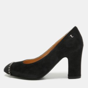 Chanel Black Suede and Fabric Chain Link Cap Toe CC Pumps Size 35.5, Pumps - Luxury Closet catalog