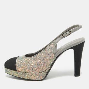 Chanel Grey/Black Glitter and Canvas Cap Toe Slingback Pumps Size 36.5, Pumps - Luxury Closet catalog