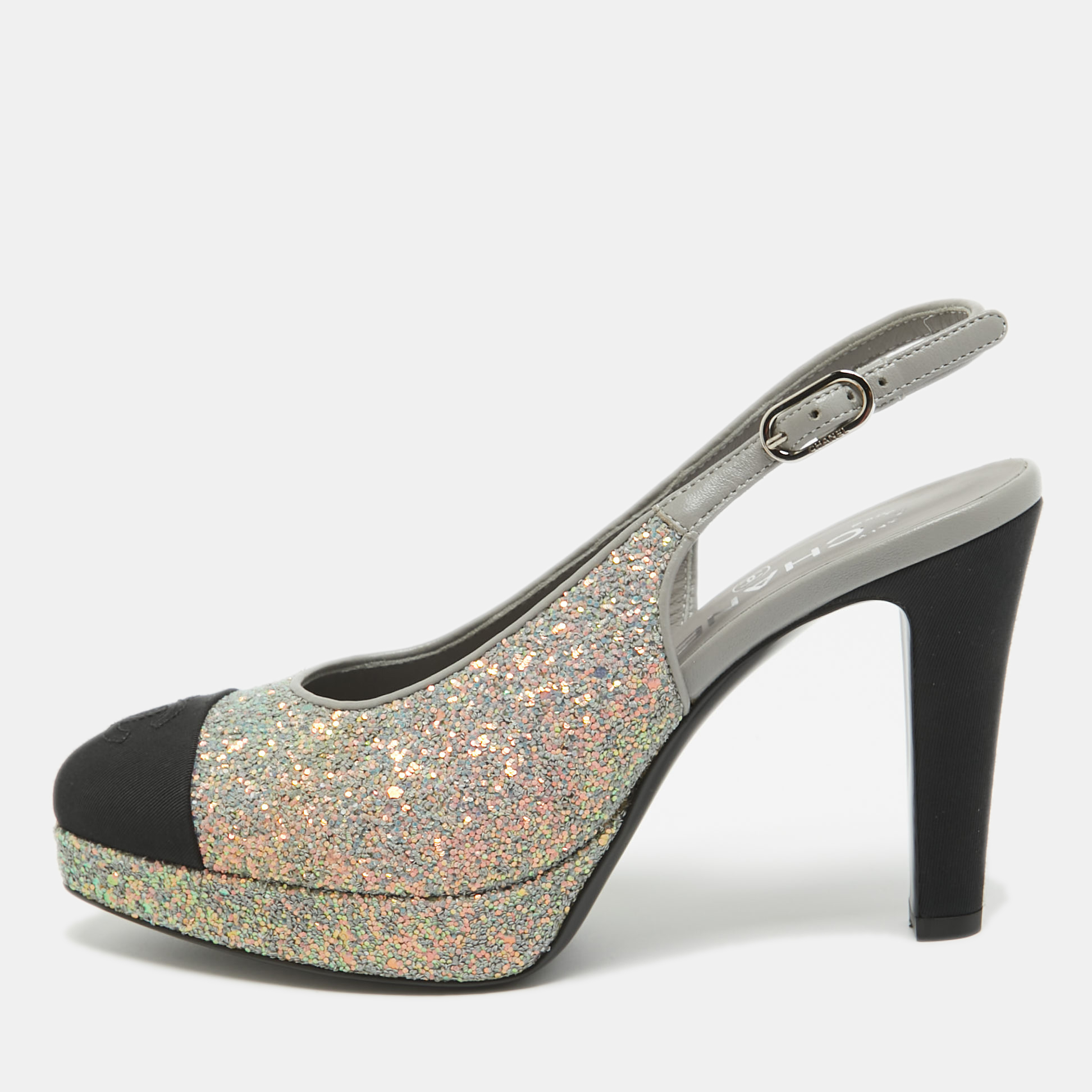 Chanel Grey/Black Glitter and Canvas Cap Toe Slingback Pumps Size 36.5, Pumps - Luxury Closet catalog