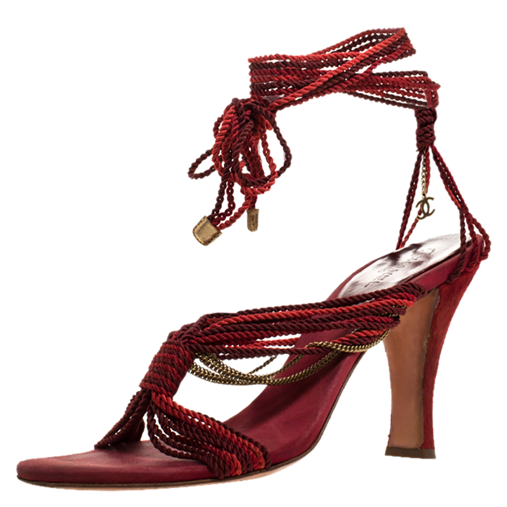 Chanel Two Tone Rope Metal Chain Embellished CC Tie Up Sandals Size 41, Sandals - Luxury Closet