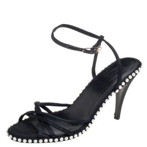 Chanel Black Satin Pearl Embellished Ankle Wrap Sandals Size 39.5, Sandals - Luxury Closet