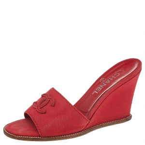 Chanel Red Canvas CC Wedge Slide Sandals Size 38.5, Sandals - Luxury Closet