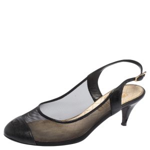 Chanel Black Mesh And and Lizard CC Cap Toe Slingback Sandals Size 36.5, Sandals - Luxury Closet