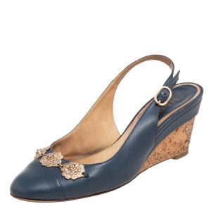 Chanel Navy Blue Leather CC Cap Toe Wedge Slingback Sandals Size 37, Sandals - Luxury Closet