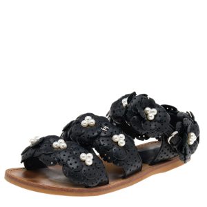 Chanel Black Leather Camellia Flower Pearl Embellished Flat Sandals Size 37.5, Sandals - Luxury Closet