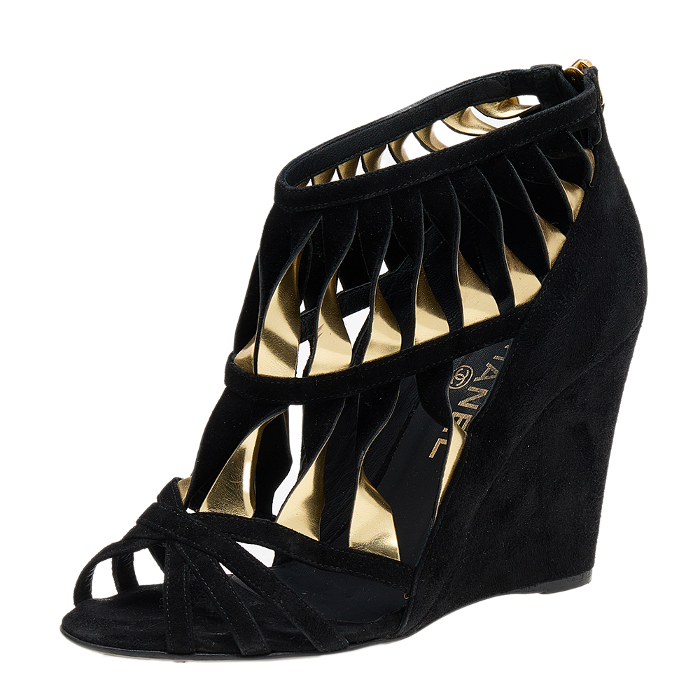 Chanel Black/Gold Suede Leather CC Strappy Wedge Sandals Size 36, Sandals - Luxury Closet