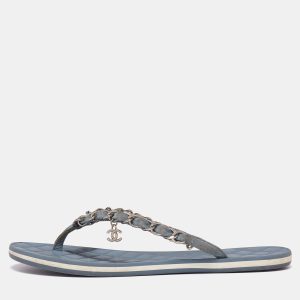Chanel Light Blue Suede Chain Link Flat Thong Sandals Size 36.5, Sandals - Luxury Closet