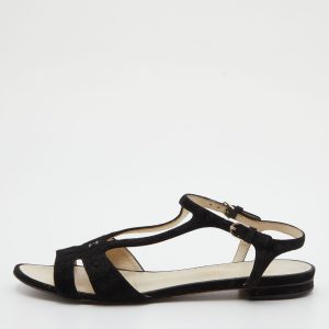 Chanel Black Suede Cut Out Flat Sandals Size 37.5, Sandals - Luxury Closet
