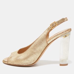 Chanel Gold Crackled Leather Glitter CC Lucite Heel Peep Toe Slingback Sandals Size 39, Sandals - Luxury Closet